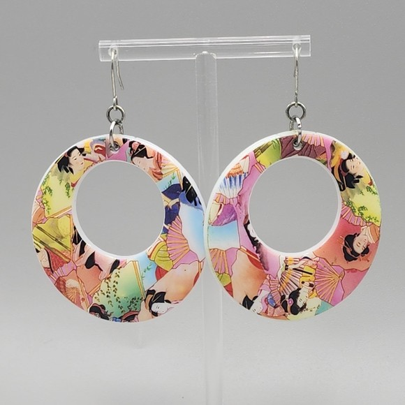 Vintage Japanese Geisha Earrings 2" Dangle Hoop Asian - Picture 6 of 9